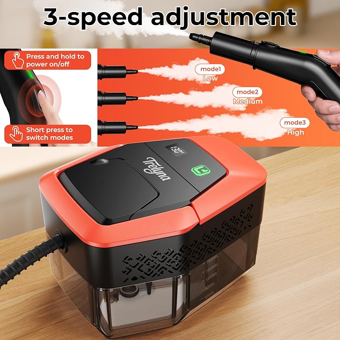 2500W Steam Cleaner,1.9 Quart Tank,3 Level Adjustable Handle | Portable Steamer with 4Bar High-Pressure & Temperature for Grout,Tile,Shower,Bathroom,Furniture Cleaning (12 Accessories)