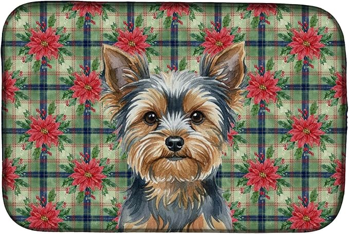 Caroline's Treasures Blue and Tan Yorkshire Terrier Christmas PoinsettIas Dish Drying Mat Absorbent Dish Drying Mat Pad for Kitchen Counter Dish Drainer Mat for Countertop, 14 x 21", Multicolor