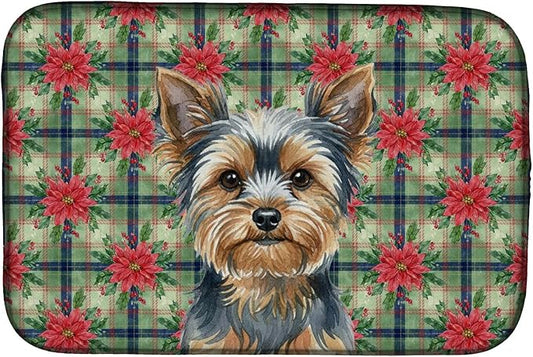 Caroline's Treasures Blue and Tan Yorkshire Terrier Christmas PoinsettIas Dish Drying Mat Absorbent Dish Drying Mat Pad for Kitchen Counter Dish Drainer Mat for Countertop, 14 x 21", Multicolor