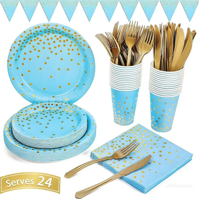 Blue and Gold Party Supplies 145PCS Golden Dot Disposable Party Dinnerware Includes Paper Plates, Napkins, Knives, Forks, Cups, Banner, for Baby Shower, Boy Birthday, Serves 24