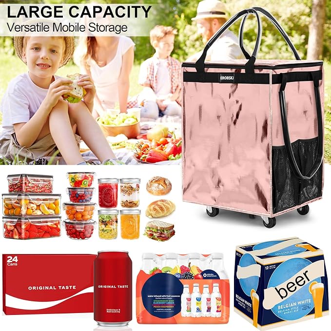 (Large,Rose Gold) Reusable Grocery Bag on Wheels, Foldable Rolling Tote, 90L Shopping Trolley, Zipper Clouser Shopping Carts for Groceries Laundry,Storage,Moving, 5 Heavy Duty Wheels