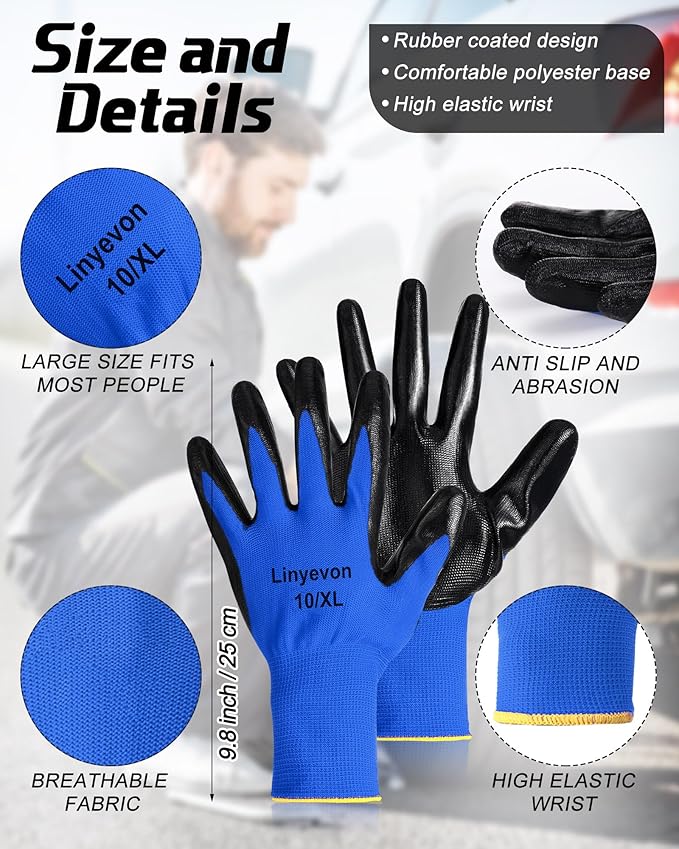 Maxcheck PU Coated Gloves Bulk, Reusable Rubber Safety Gloves for Men Women Work Warehouse, Mechanic, Woodworking