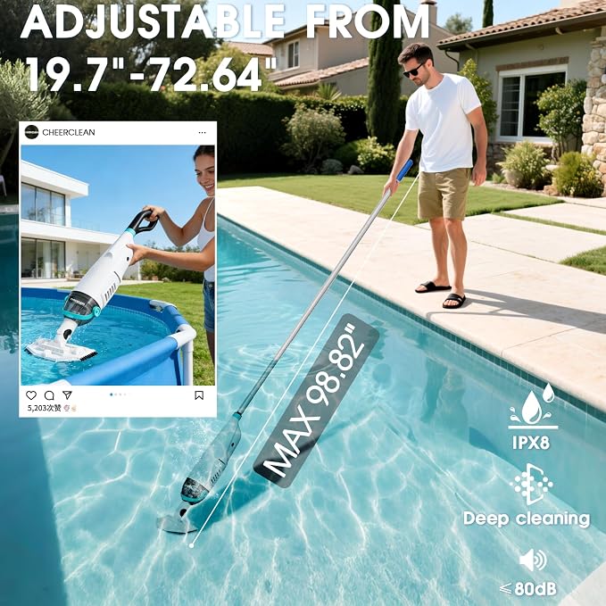 Cordless Handheld Pool Vacuum for Above Ground Pools - 26.5GPM Real Suction,Time-Saving Directional-Control,60min Runtime,2 Vac Heads & 4 Filter Bags,Leaf Net for Hot Tubs & Inground Pools -Green