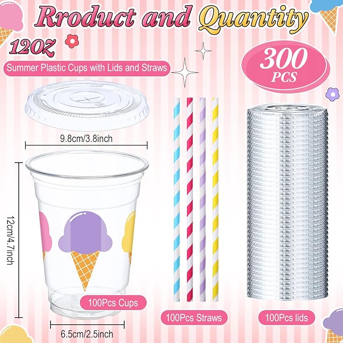 Blushtier 300 Pcs Ice Cream Disposable Plastic Cups with Lids and Straws 12oz Ice Cream Party Favors Clear Cold Drinking Cups Birthday Drinkware Set for Party Supplies