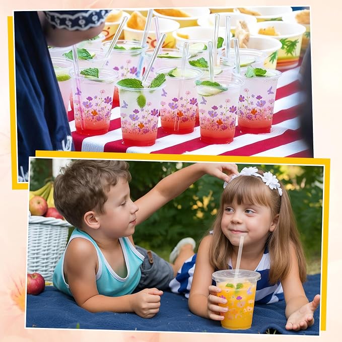 Vesici 100 Pcs Floral Plastic Cups 12 oz Floral Botanical Clear Spring Disposable Cups with Lid and Straws for Spring Summer Birthday Wedding Bridal Baby Shower Party Supplies(Butterfly)
