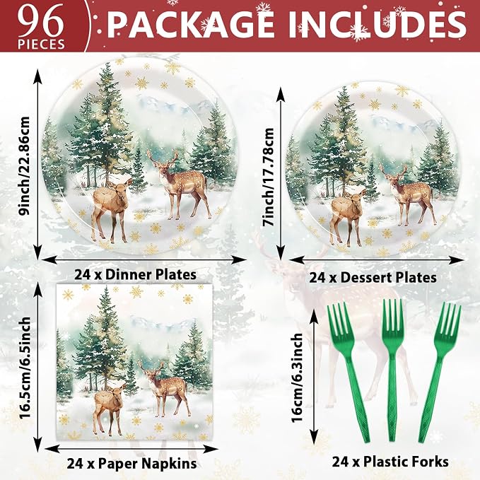 CHUNNIN 96Pcs Christmas Reindeer Paper Plates and Napkins Watercolor Deer Snow Pine Trees Snowflakes Party Decorations Winter Woodland Disposable Tableware for Xmas Holiday Birthday Party Supplies