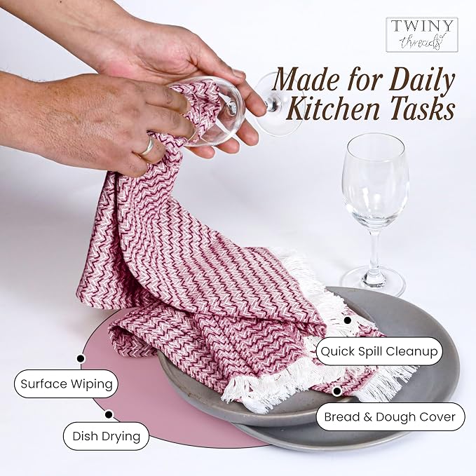 TWINY threads Dish Towel Chevron Pattern, Premium 100% Cotton Kitchen Linen Set, Large Wash Rags for Drying Dishes, Absorbent Quick Drying, Reusable, 4 Pack, 16"x26", Burgundy Wine