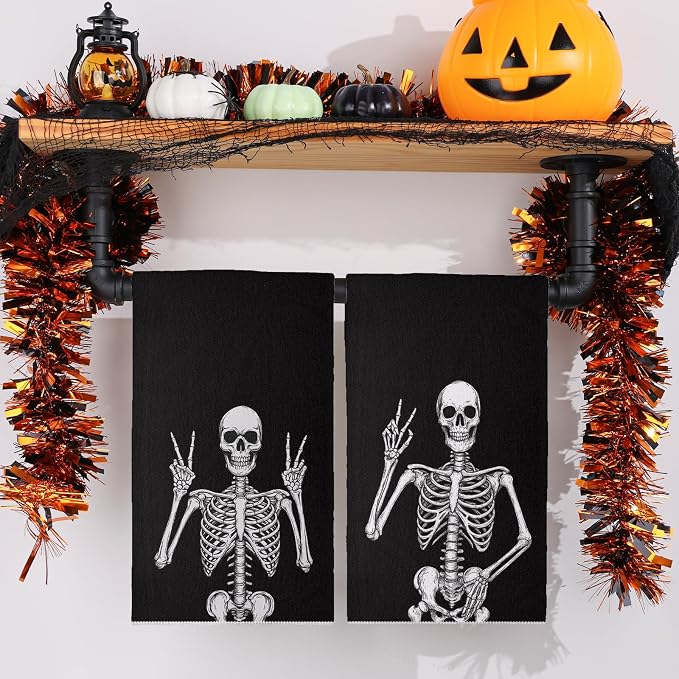 Halloween Kitchen Towels 18x26 Inch Set of 2, Skeleton Spooky Halloween Dish Towels Seasonal Holiday Farmhouse Home Party Decoration