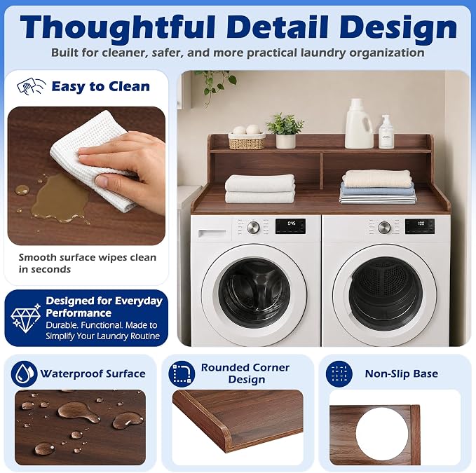 Royxen Laundry Countertop with Storage Universal Fit, Washer and Dryer Countertop with Shelf, Laundry Room Storage, 2-Tier Shelf (Walnut)