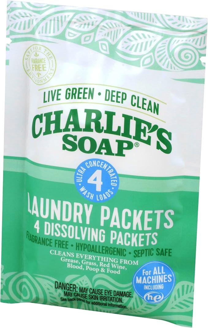 Charlie's Soap - Unscented Laundry Packets - Travel Size (2 Pack, 8 Total Loads)