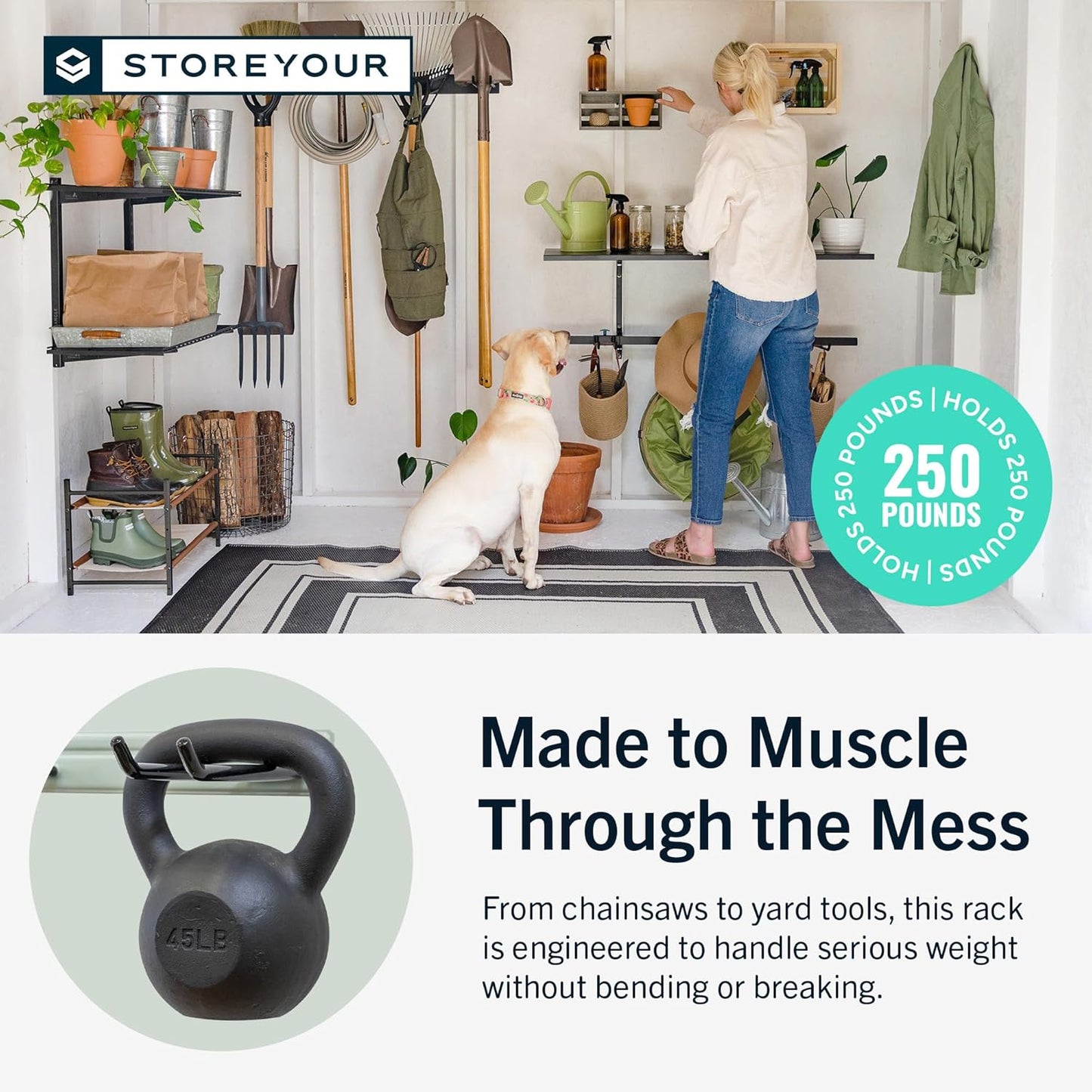 StoreYourBoard Wall-Mounted Rack With 4 Garage Hooks – Heavy-Duty Steel Holder Garage & Garden Storage for Shed, Workshop, or Home Organization – For Rakes, Shovels, Tools & More – 1 Pack, Cactus