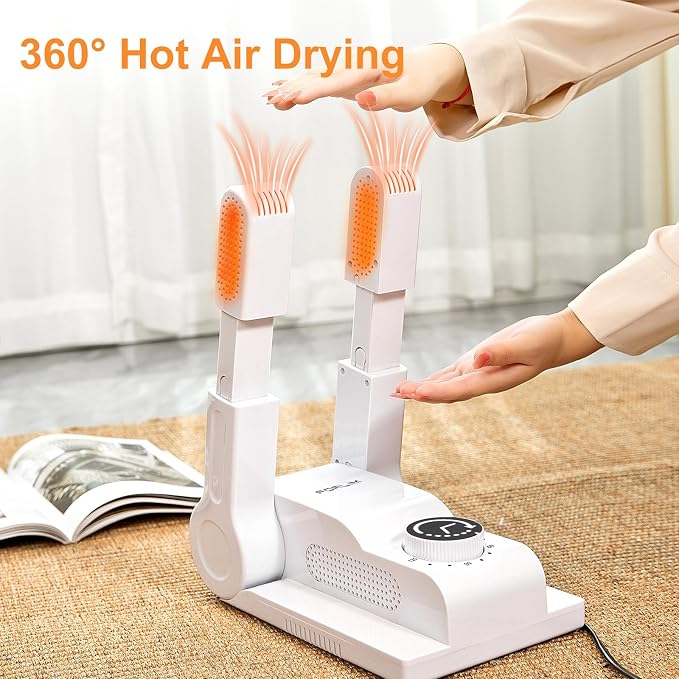 FORLIM Boot Dryer for Work Boots, Shoe Dryer with Heat Blower, Glove Dryer & Boot Warmer - 180° Adjustable Dry Rack - Telescopic Bendable Dry Ports - Intelligent Timer - White