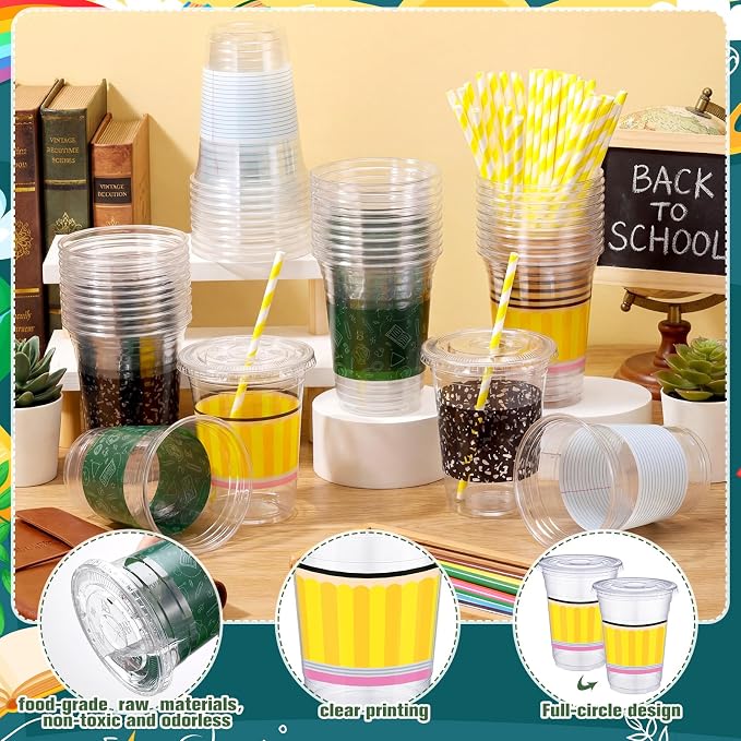 Vesici 50 Pcs Back to School Disposable Cups Bulk 16 oz Composition Notebook Pencil Plastic Drinking Cups with Lids and Straws for First Day of School Classroom Party Supplies