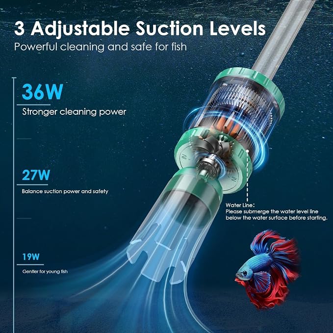 AKKEE Aquarium Vacuum Gravel Cleaner, 36W Electric Fish Tank Cleaner Vacuum, 8 in 1 Multifunctional Aquarium Cleaner for Automatic Water Change, Wash Sand, Water Circulation and Timed Off