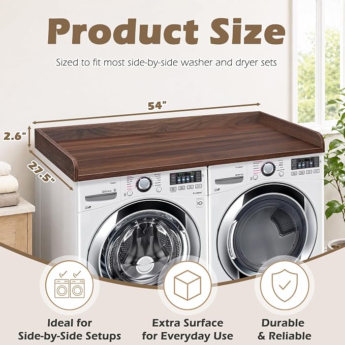 Royxen Washer Dryer Countertop with Solid Wood Core,54“W x 27.5D Laundry Countertop with Edge Rails,Washer and Dryer Topper for Laundry Room Organization(Walnut)