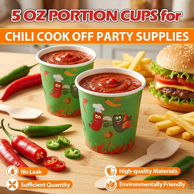 Teenyyou 100 Pcs 5 oz Chili Cook off Party Decorations Mini Chili Cook off Tasting Cups Disposable Sample Paper Cup Bowls and Wooden Spoons for Pepper Competition Prizes Party Cooking Supplies, Green