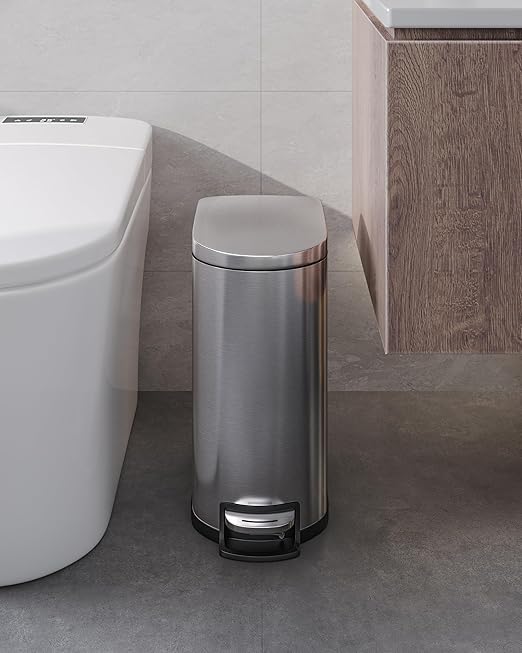 Garvee 2.6 Gallon / 10L Slim Stainless Steel Bathroom Trash Can with Lid, Step-On Pedal, Soft Close, Inner Bucket, Waterproof Small Garbage Bin for Bedroom, Silver
