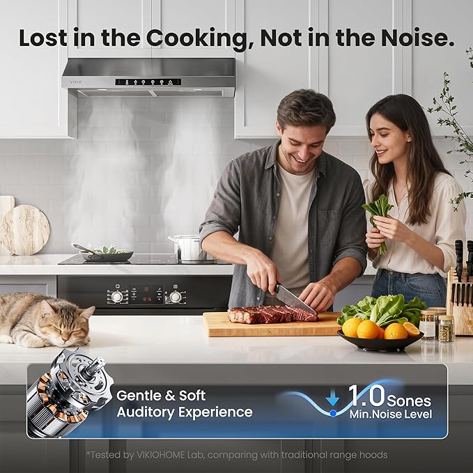 VIKIO HOME 42 Inch Under Cabinet Range Hood 900 CFM, Dual Motor Powerful Kitchen Vent Hood, Gesture & Touch Control, Ultra Quiet DC Motor, Dishwasher-Safe Filters, LED Lights, Stainless Steel