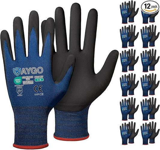 KAYGO Safety Work Gloves MicroFoam Nitrile Coated-12 Pairs, KG18NB,Seamless Knit Nylon Glove with Black Micro-Foam Nitrile Grip,Ideal for General Purpose,Automotive,Home Improvement, Dark Blue, S