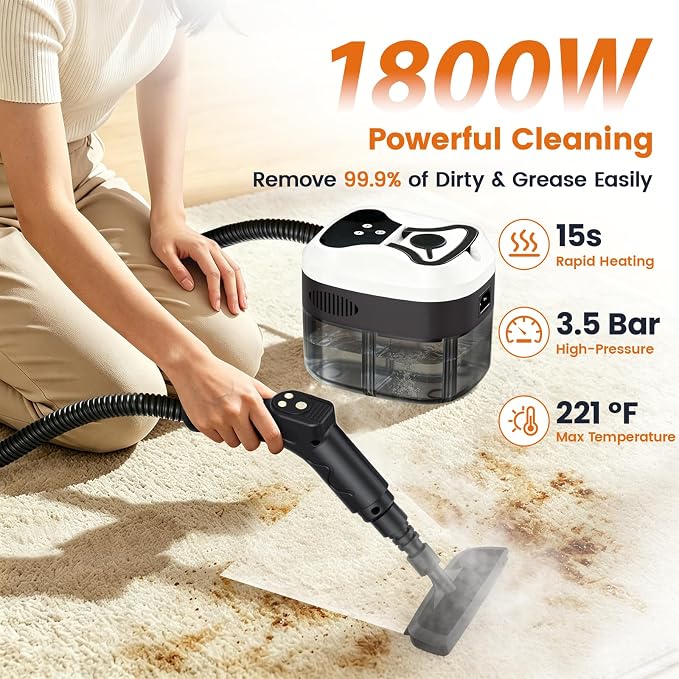 Handheld Steam Cleaner, 6-Level Adjustable Handle, 15s Heat-Up, 1800W High-Pressure Steamer for Cleaning with 1.6L Large Tank, Portable Steam Cleaner for Home, Car, Grout, Couch, Floor (White)