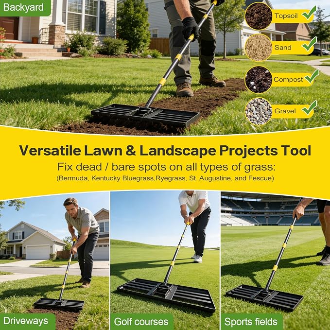 Lawn Leveling Rake,30x10 Inch Ground Plate,72 Inch Adjustable Long Handle Yard Level Tool with Curved Edge,Heavy Duty Large Landscaping Lawn Leveler for Grass, Golf Field, Soil Sand Dirt Spreader