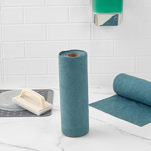 Restaurantware-Clean Tek Professional 11.8 x 11.8 Inch Microfiber Towel Rolls, 30 Reusable Towel Rolls - 30 Tear Away Sheets Per Roll, Perforated, Teal Microfiber Cloth, For All The Cleaning Tasks
