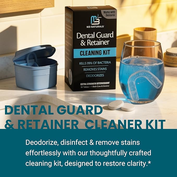 Retainer Cleaner and Soak Container, No-Mess Cleaning Tablets with Universal Denture Bath Case and Strainer, Multipurpose, for Mouth Guard Stains, Odor, and Plaque (92 Tablets + 1 Bath) by M3