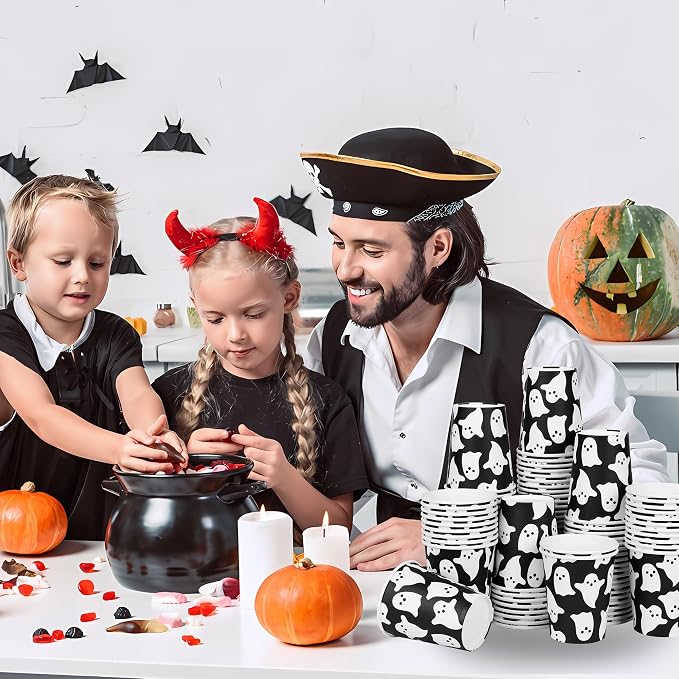 AimFun 100Pcs Halloween Ghost Paper Cups Ghost Spooky Party Cups Black White Boo 9oz Disposable Cold Hot Coffee Drinking Cups for Halloween Party Supplies Table Decor