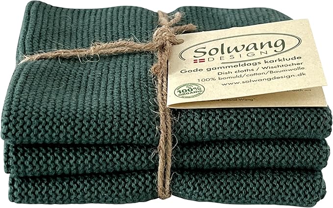 Solwang 3-Piece Danish Cotton Dishcloths in 100% Certified Organic Cotton Made in India (Dark Petrol Organic Trio)