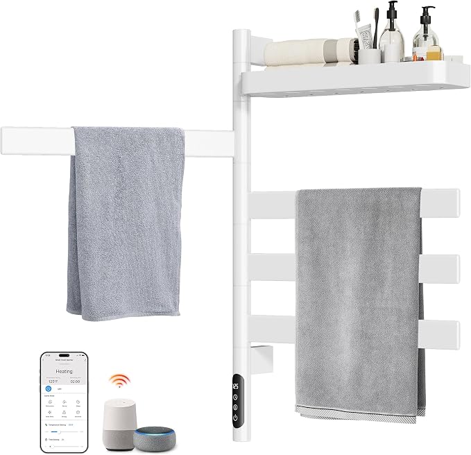 ENZE Smart Rotating Heated Towel Rack for Bathroom, 4-Bar Wall-Mounted Electric Towel Warmer with Swivel Shelf, Wi-Fi App Control, 24H Timer, Stainless Steel, IPX5, Hardwired/Plug-in, White