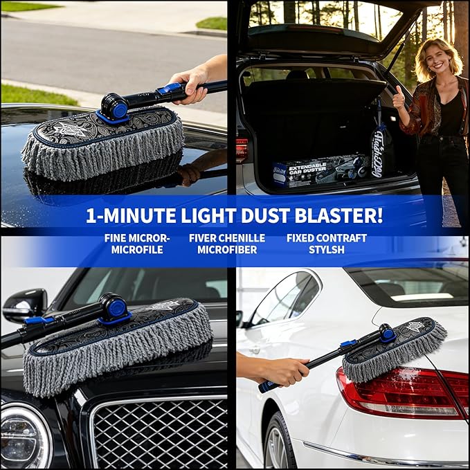Flash Dog Car Duster Exterior & Interior Scratch Free Kit Microfiber and Telescopic Aluminum Alloy Handle for Cars/SUV/Trucks with Car Duster Interior, Portable Waterless Dust Removal