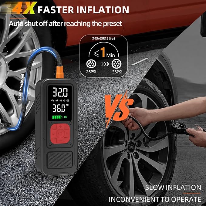 Y34 Tire Inflator Portable Air Compressor,4X Faster Inflation,10000mAh Cordless/12V DC 150PSI Air Pump for Car Tires with Digital Pressure Gauge/LED Light for Car,Motorcycle,Bike,Ball