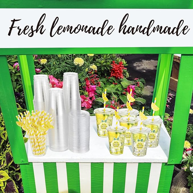 Gilprop 100 Sets Plastic Lemonade Cups with Lids and Straws Lemonade Stand Supplies 12 oz Disposable Lemon Cups Bulk with Stickers Lemonades Bar Supplies for Summer Beverage Drinking Party Favor