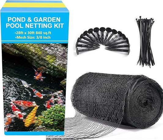 BUZIFU Pond Netting, 28 x 30FT Pond Net for Koi Ponds, Garden Pool Fine Mesh Pond Netting Cover for Leaves, Protects Koi Fish from Birds Cats Predators, with 14 Stakes and 30 Cable Zip Ties