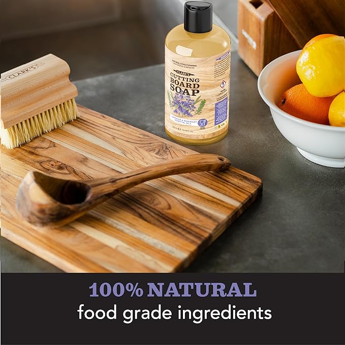 CLARK'S Cutting Board Care Kit - Includes Mineral Oil - Finishing Wax (6oz) - Applicator - Scrub Brush - Buffing Pad - Infused with Lavender and Rosemary Extract - Features Clark's Cutting Board Wax
