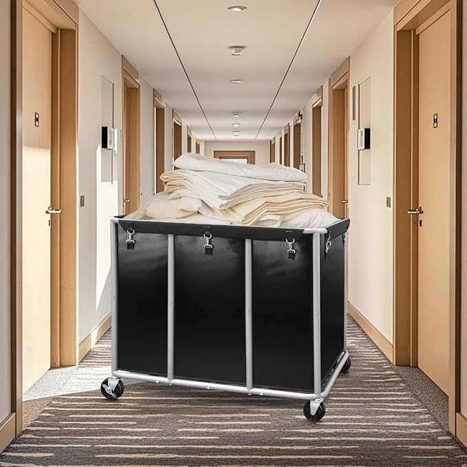 STORAGE MANIAC Commercial Laundry Cart with Wheels, 420L Black | Heavy Duty 400 lbs Load, Rust-Resistant Steel Frame, Waterproof Removable PVC Tarpaulin Liner, Hotel, Hospital Industrial Use