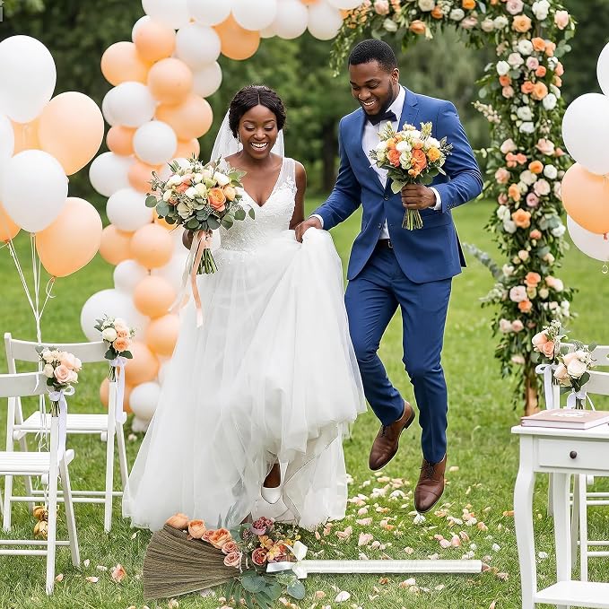 Wedding Broom for Jumping Ceremony DIY Bride Bridegroom Jump Broom Wedding Brooms with Ribbons Eucalyptus Leaves Roses for Wedding Ceremony Craft(Orange)