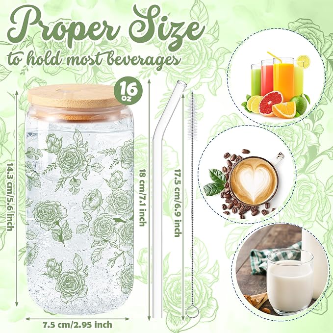 Sliner 2 Pcs Green Floral Glass Tumblers with Straw and Lid Flower Cups Drinking Glasses 16 oz Iced Coffee Can Tumbler Holiday Gifts