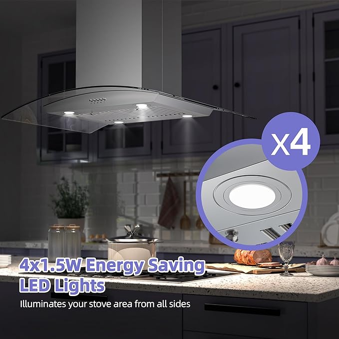 FIREGAS Island Range Hood 36 inch, 700 CFM Ceiling Mount Kitchen Vent Hood Ducted/Ductless Convertible,3 Speed Fan，4 Lights,Permanent Baffle Filters Stainless Steel Stove Hood