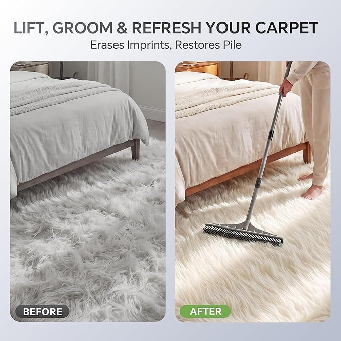 Walensee Carpet Rake for Pet Hair Removal, 2 in 1 Rug Rake to Fluff Carpet with Nylon Groomer Brush, Adjustable Long Handle for Shag Rugs, Stairs, Mats and Floors, Rubber Broom