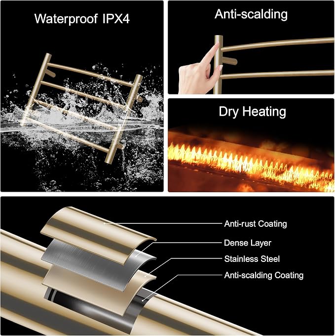 Towel Warmer Bathroom Wall Mounted Drying Rack Plug-in Electric Heated Towel Rack Stainless Steel Gold with Timer & Temperature Control 4 Bar