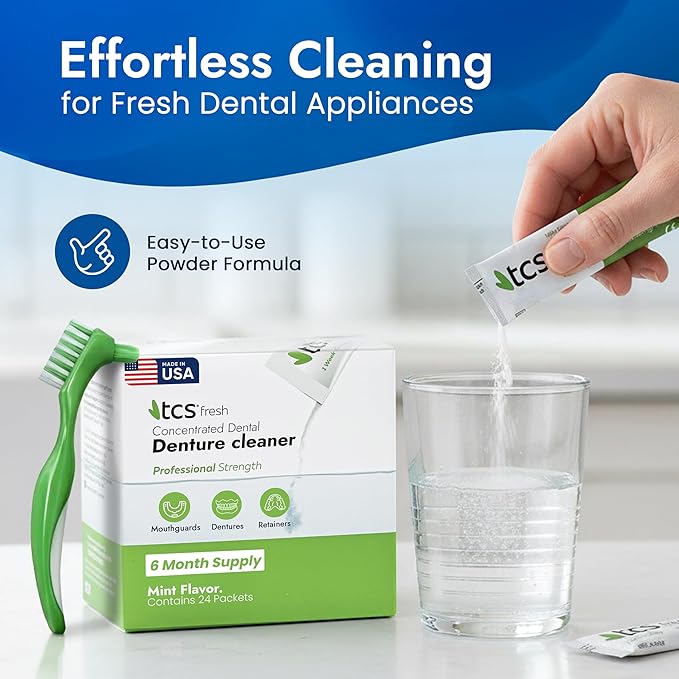 TCS Fresh Concentrated Dental Appliance Cleaner Set, Professional Denture and Retainer Cleaner Powder with Soft Bristle Brush (24 Packets, 6 Month Supply, Mint Flavor)