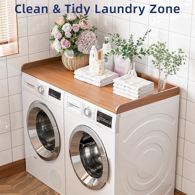 Memobarco Washer Dryer Countertop, 54" Width x 27.5" Depth Laundry Countertop Organization, Wooden Washer and Dryer Topper for Folding, Sorting & Ironing, Easy to Install, Walnut