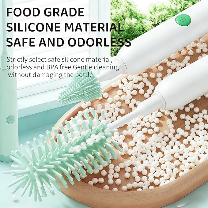 Rechargeable Electric Bottle Brush with Stand - 360° Spin Silicone Cleaner for Baby Bottles, Breast Pumps & Small Household Containers (Light Green)