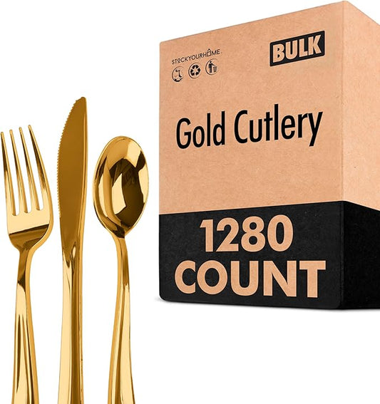 Gold Plastic Silverware Set (1280 Pack) – Includes 640 Forks, 320 Knives, 320 Spoons, Heavy-Duty Disposable Flatware for Parties, Weddings & Events