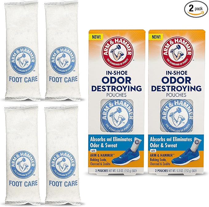 Arm & Hammer In-Shoe Odor Destroying Pouches, Shoe Deodorizer Insert for Reducing Odor and Absorbing Moisture, Smell Eliminator for All Footwear, Gym Bags and Work Boots (4 Pouches)