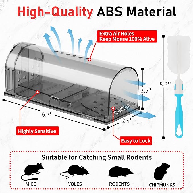 LULUCATCH Humane Mouse Traps 2 Pack | Live No Touch Catch and Release No Kill Rodent Traps | Reusable with Cleaning Brush | Pet Safe Indoor Outdoor for Mice, Rats, Chipmunks, Voles, Grey