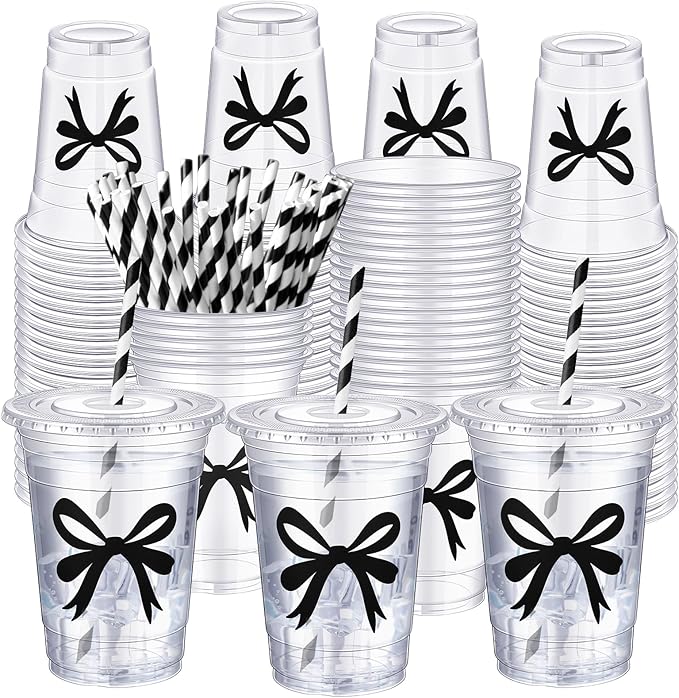 Sliner 50 Pcs 16 oz Coquette Disposable Plastic Cups with Straw for Black Bow Party Supplies Bow Cups Birthday Wedding Bridal Engagement Party Drinkware Baby Shower Decorations