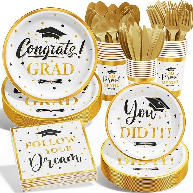 Graduation Decoration Class of 2026, 175PCS Graduation Party Supplies Disposable Dinnerware(Serve 25) with Paper Plates Cup Napkin Fork Knife Spoon College High School Grad Decor(White & Gold)