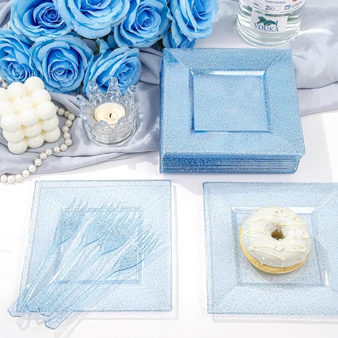 DaYammi 200 Pcs Blue Glitter Dessert Plates Including 100Pcs Appetizer Plates,100Pcs Plastic Forks, Plastic Square Plate for Party,Blue Disposable plates and Cake forks for Birthday Party Wedding
